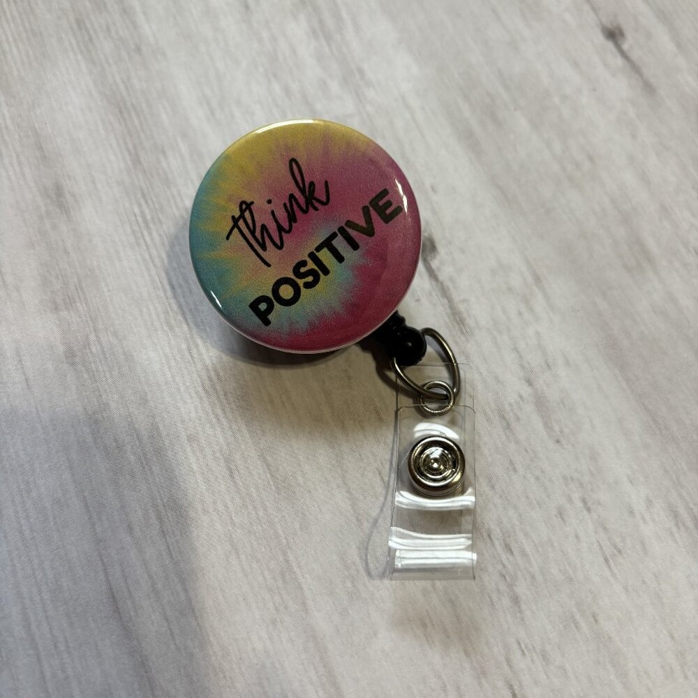 Think Positive Badge Reel - Tie-Dye Retractable ID Holder | Nurse, Teacher Gift